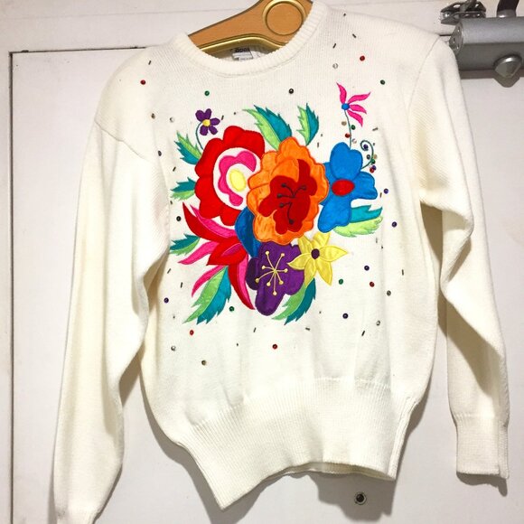 VINTAGE SPANNER IMPORTS KNIT FLORAL PATCHWORK SWEATERS SIZE S - Picture 4 of 11